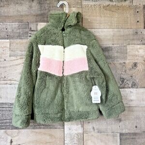 Wonder Nation Girls Soft Green Jacket  S 6 6x Fuzzy Zip Up Spring Plush Coat